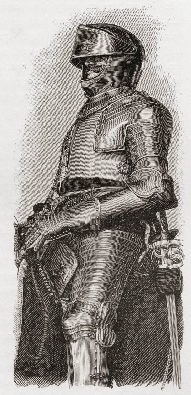 Zlacené brnění, které město Londýn darovalo Karlu I., z „Krátké historie anglického lidu“ od J. R. Greena, vydané v roce 1893 od English School