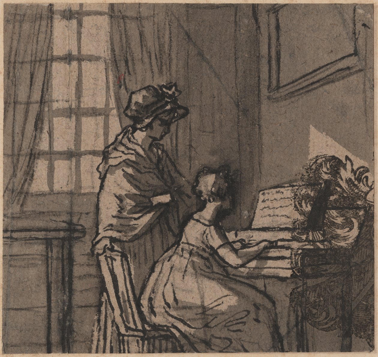Dívka u klavichordu, cca 1800 (pero a pero na papíře) od English School