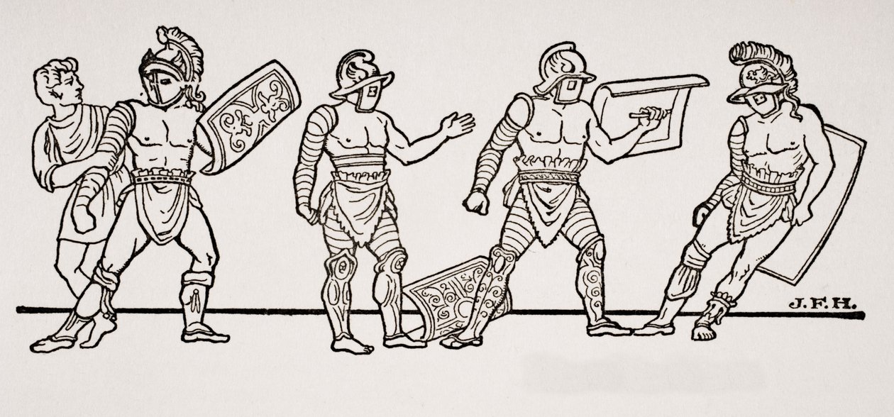 Gladiátoři, z nástěnné malby v Pompejích, ilustrace z Nástin historie od H. G. Wellse, svazek I, vydané v roce 1820 od English School