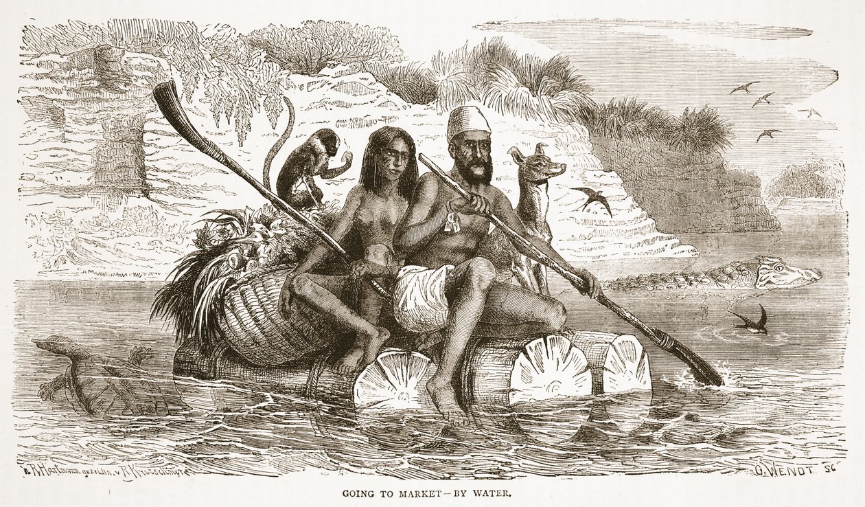 Jít na trh- po vodě, ilustrace z Obrazového vydání života a objevů Davida Livingstona od J. Ewinga Richieho, hospoda. od A. Fullarton & Co., 1876 od English School