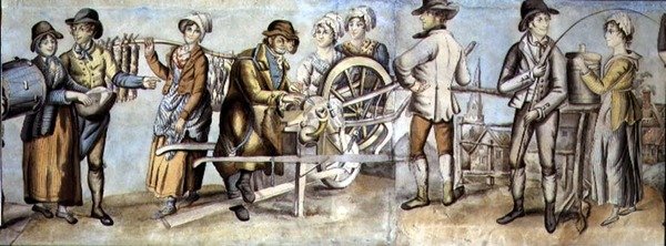 Going to the Fair, detail brusiče nožů a obchodníků a žen, c.1815 (wc s kvašem na papíře) (viz také 107509 a 107510) od English School