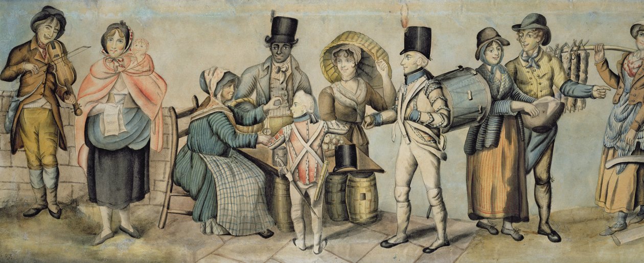 Going to the Fair, detail hudebního rodinného počinu a prodejce jablek, c.1815 (wc a kvaš na papíře) (viz také 107508 a 107509) od English School