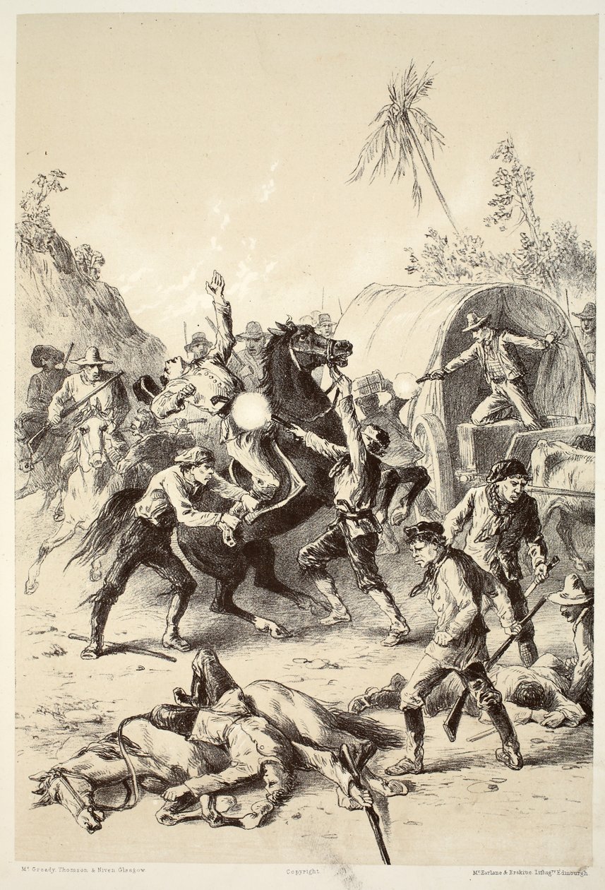 Zlatý doprovod napaden Bush Rangers, z Historie Australasie od Davida Blaira, McGradyho, Thomsona a Nivena, 1879 od English School