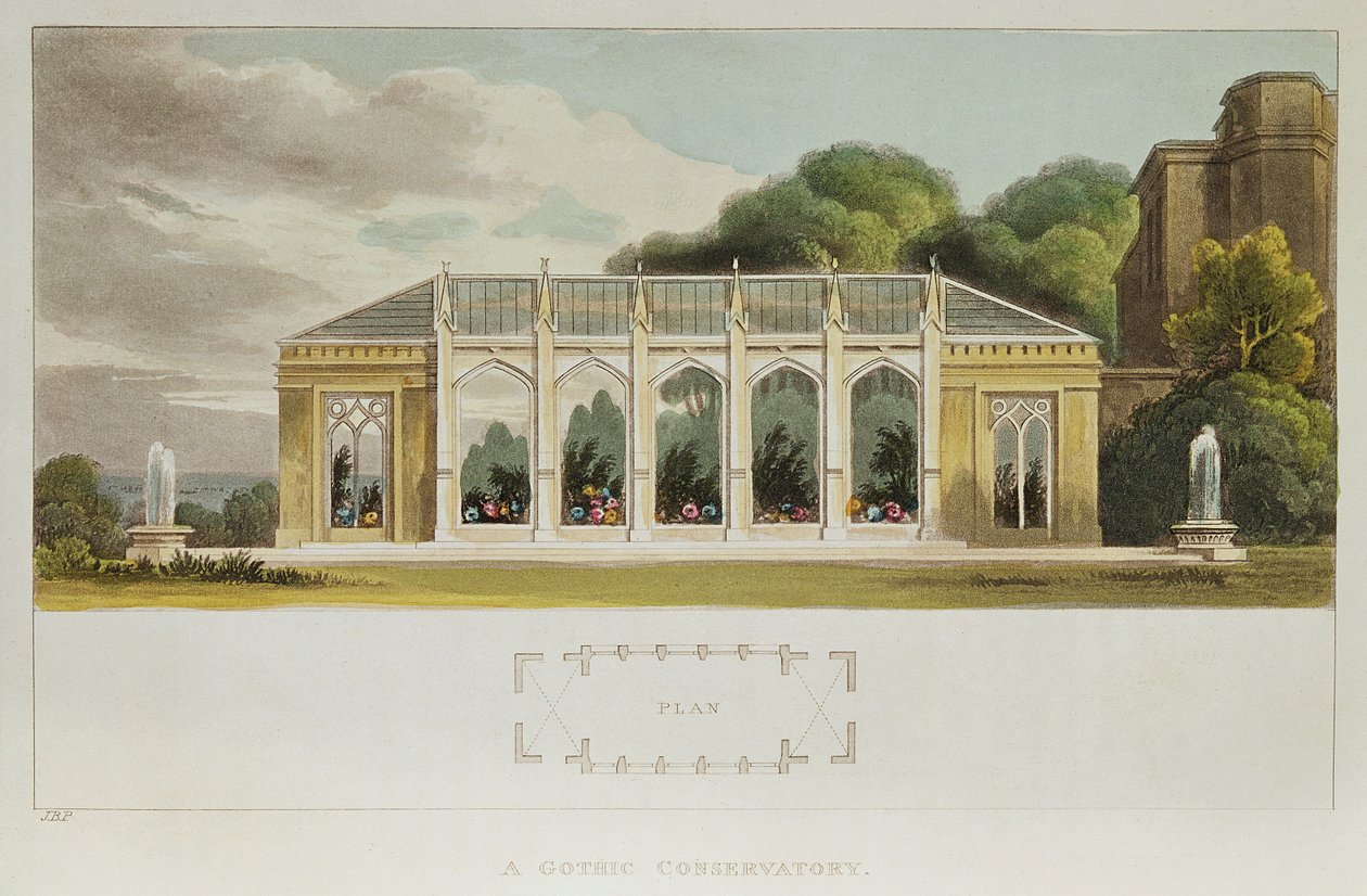 Gotická konzervatoř, 1832 (barevná rytina) od English School
