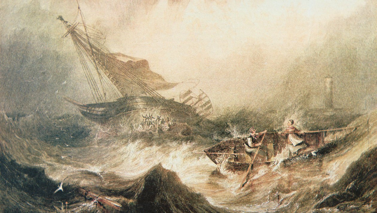 Grace Darling a její otec veslují na záchranu Forfarshire ztroskotaného u pobřeží Northumberlandu, 7. září 1838 (akvarel na papíře) od English School