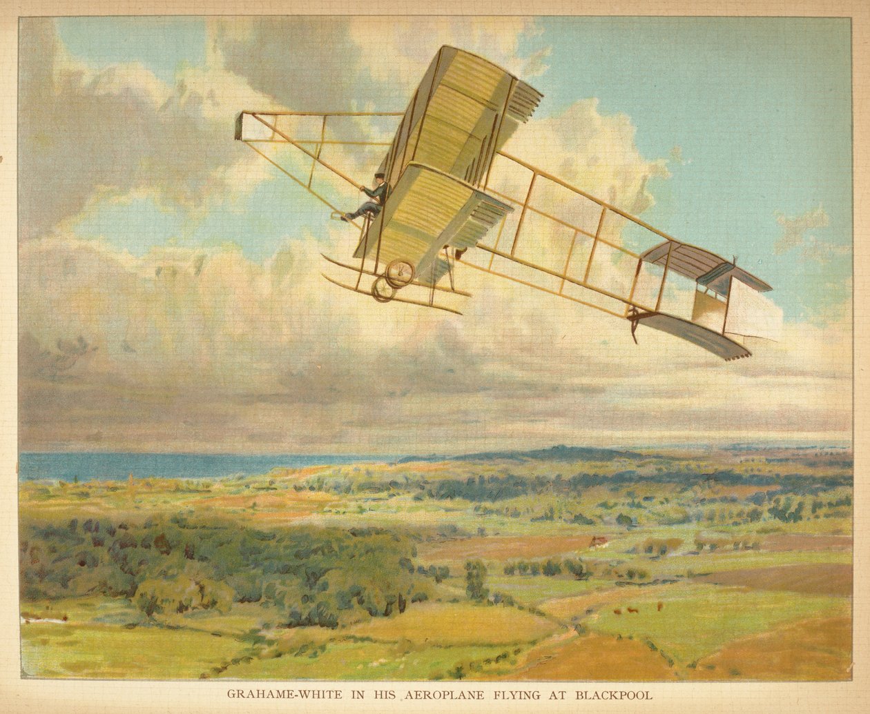 "Grahame-White ve svém letadle letícím do Blackpoolu." Lidová kniha vzducholodí. Londýn: Ernest Nister, [1912] od English School