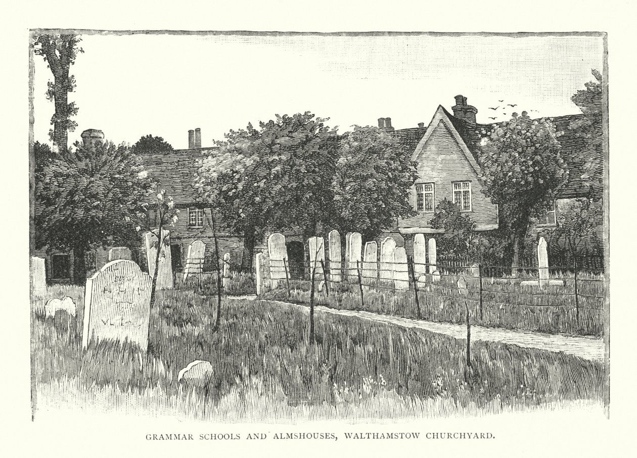 Gymnázia a almužny, hřbitov ve Walthamstow (rytina) od English School