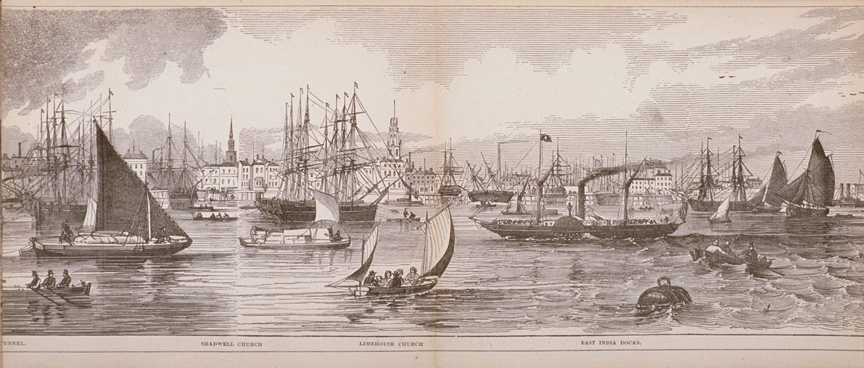 Grand Panorama of London, od řeky Temže při pohledu na Shadwell, East India Docks a Limehouse, 1849 (dřevoryt) od English School