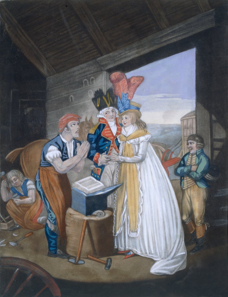 Gretna Green, aneb Žhavé manželství, pub. Aurrie & Whittle, 1794 88:Oh! Mr Blacksmith, ease our Pains - and Tye us fast in Wedlocks Chains 99:female; traditional costume; tra od English School