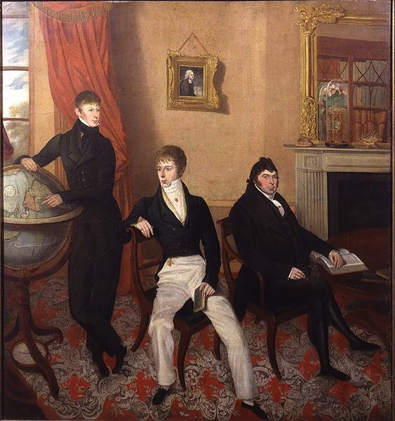Skupinový portrét tří mužů v propracovaném interiéru obývacího pokoje, cca 1825 (olej na plátně) od English School