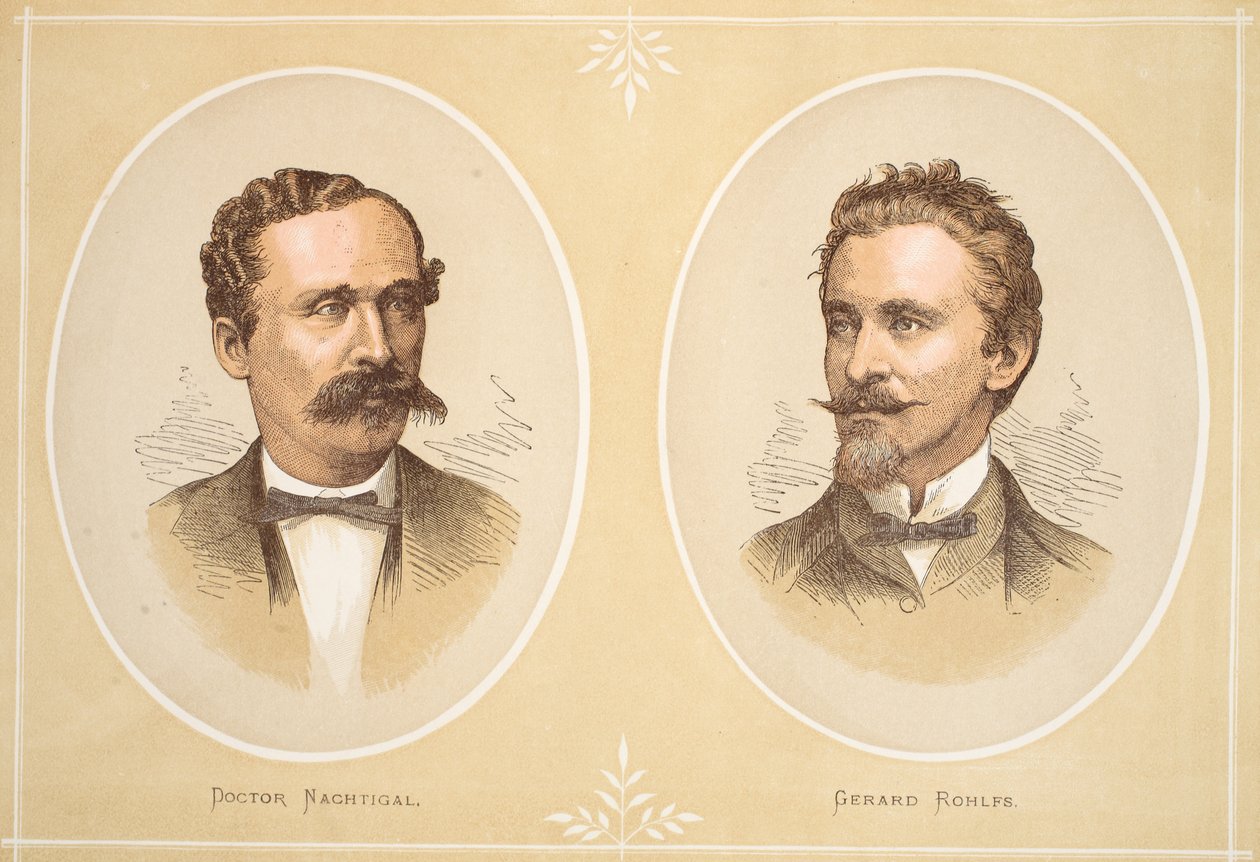 Gustav Nachtigal a Gerard Rohlfs, ilustrace z Obrazového vydání života a objevů Davida Livingstona od J. Ewinga Richieho, nakl. od A. Fullarton & Co., 1876 od English School