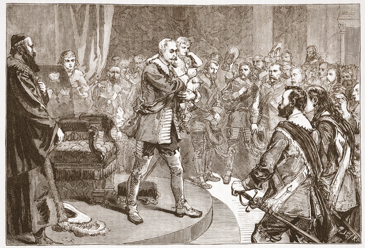 Gustavus Adolphus opouští Státy, ilustrace z Historie protestantismu od Jamese Aitkena Wylie (1808-1890), hospoda. 1878 od English School