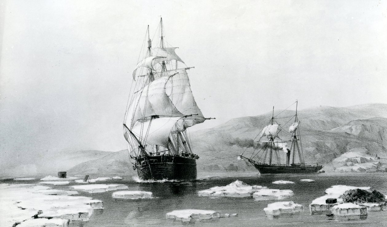 HMS Assistance a Pioneer utíkají ze zimních ubikací v roce 1854 (litografie) od English School