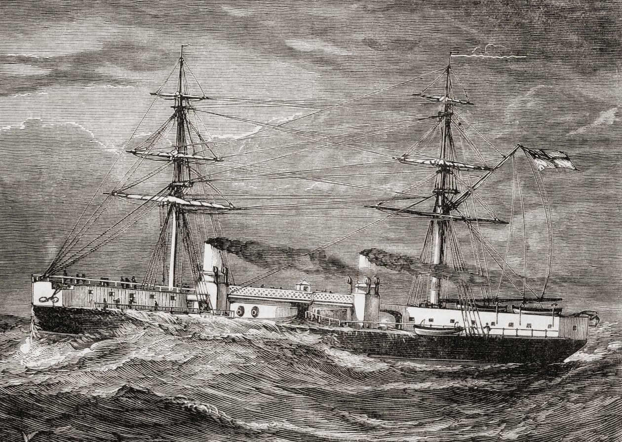 HMS Inflexible, bitevní křižník třídy Invincible britského královského námořnictva, ilustrace z 