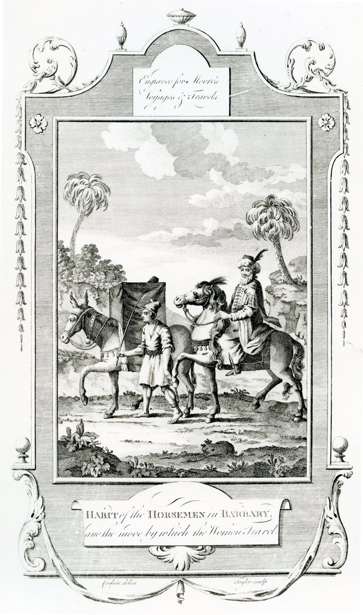 Habit of the Horsemen in Barbary, ilustrace převzata z Moores Voyages and Travels, od English School