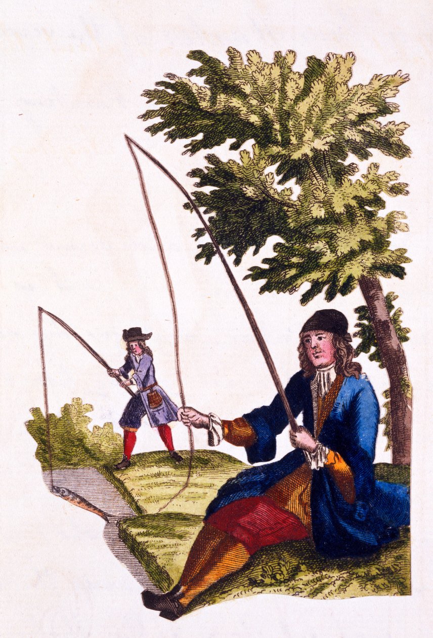 Návyky gentlemana - Rybaření, 1690 (ručně kolorovaná rytina) od English School