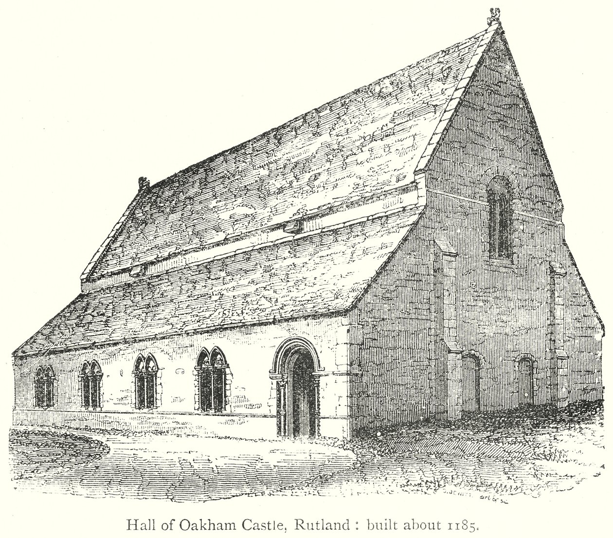 Síň hradu Oakham, Rutland: Postaven kolem roku 1185 (rytina) od English School