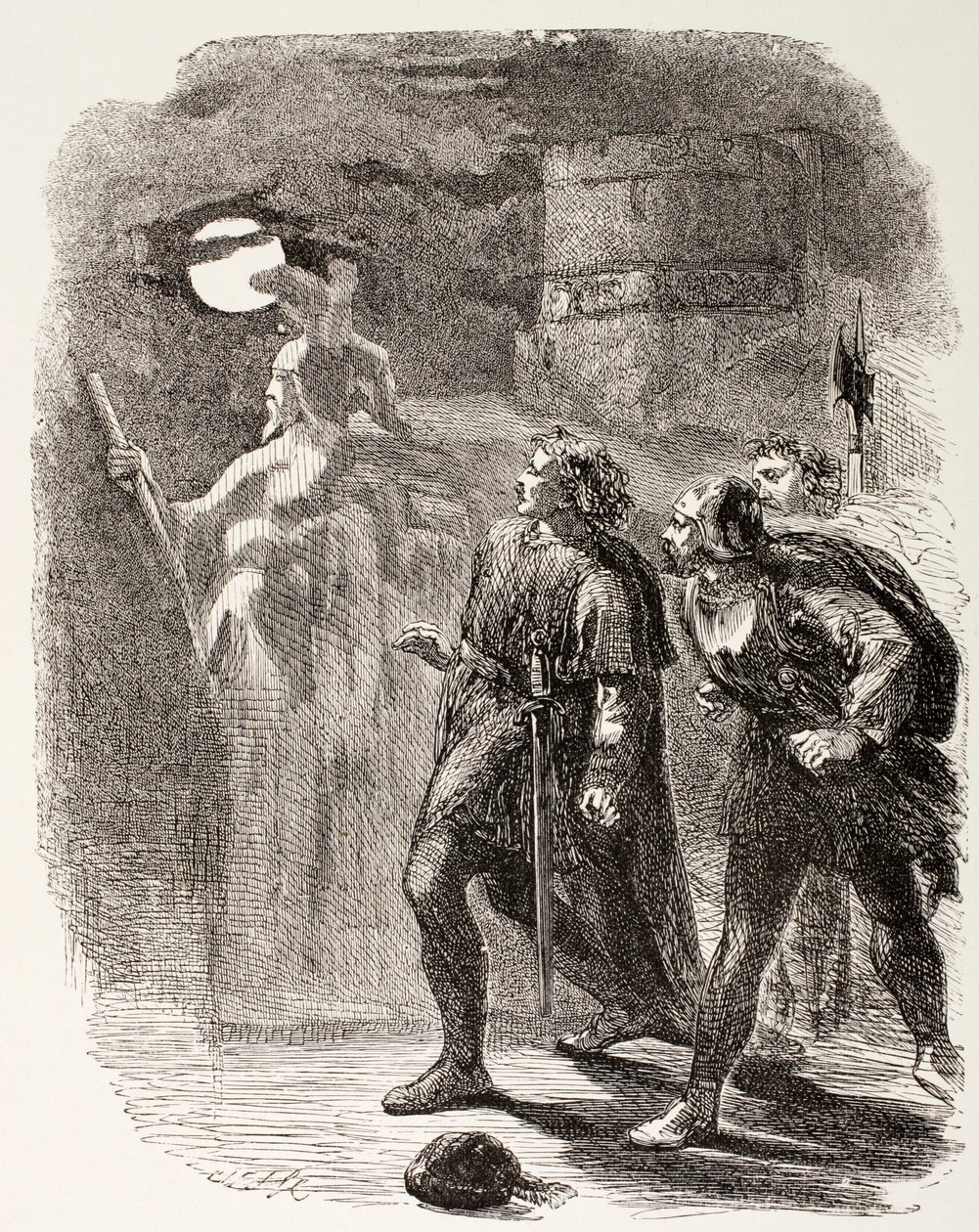 Hamlet, Horatio a Marcellus vidí ducha, z „The Illustrated Library Shakespeare“, vydané v Londýně 1890 od English School