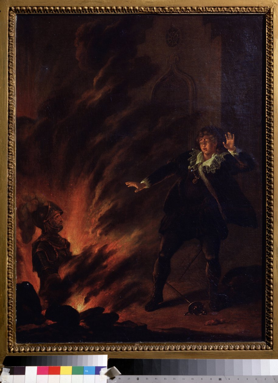 ""Hamlet tváří v tvář duchu svého otce"" (Hamlet a duch jeho otce) Ilustrace ke hře Hamlet od Williama Shakespeara (1564-1621) Obraz z anglické školy počátku 19. století Rozměr. 65x51 cm Pouchkine Museum , Moskva od English School