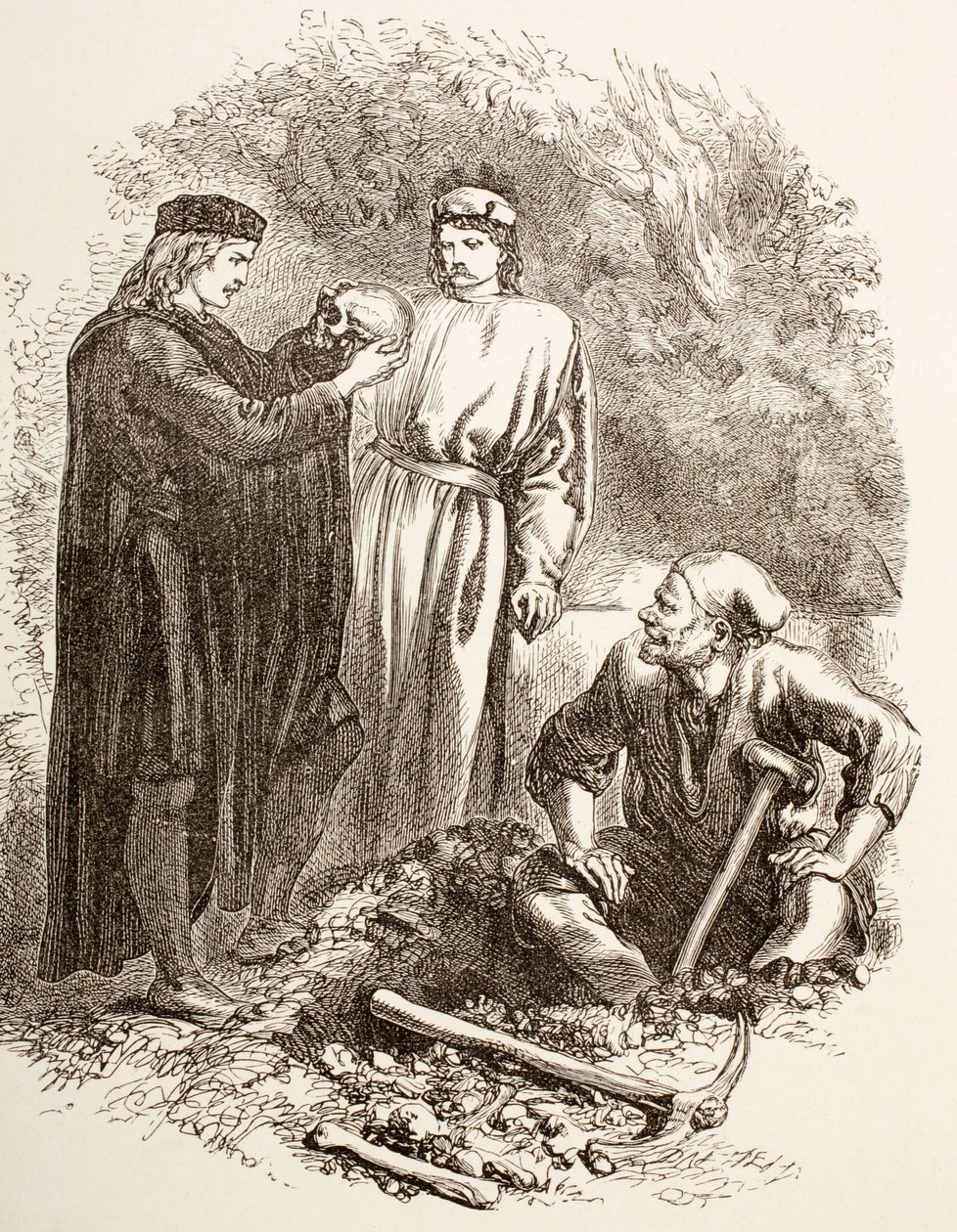 Hamlet drží lebku Yoricka, ilustrace Aktu V, Scéna I v Hamletovi, z „The Illustrated Library Shakespeare“, vydané v Londýně 1890 od English School