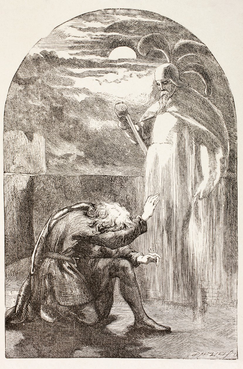 Hamlet vidí ducha, ducha svého otce, z knihy "The Illustrated Library Shakespeare", vydané v Londýně roku 1890. od English School