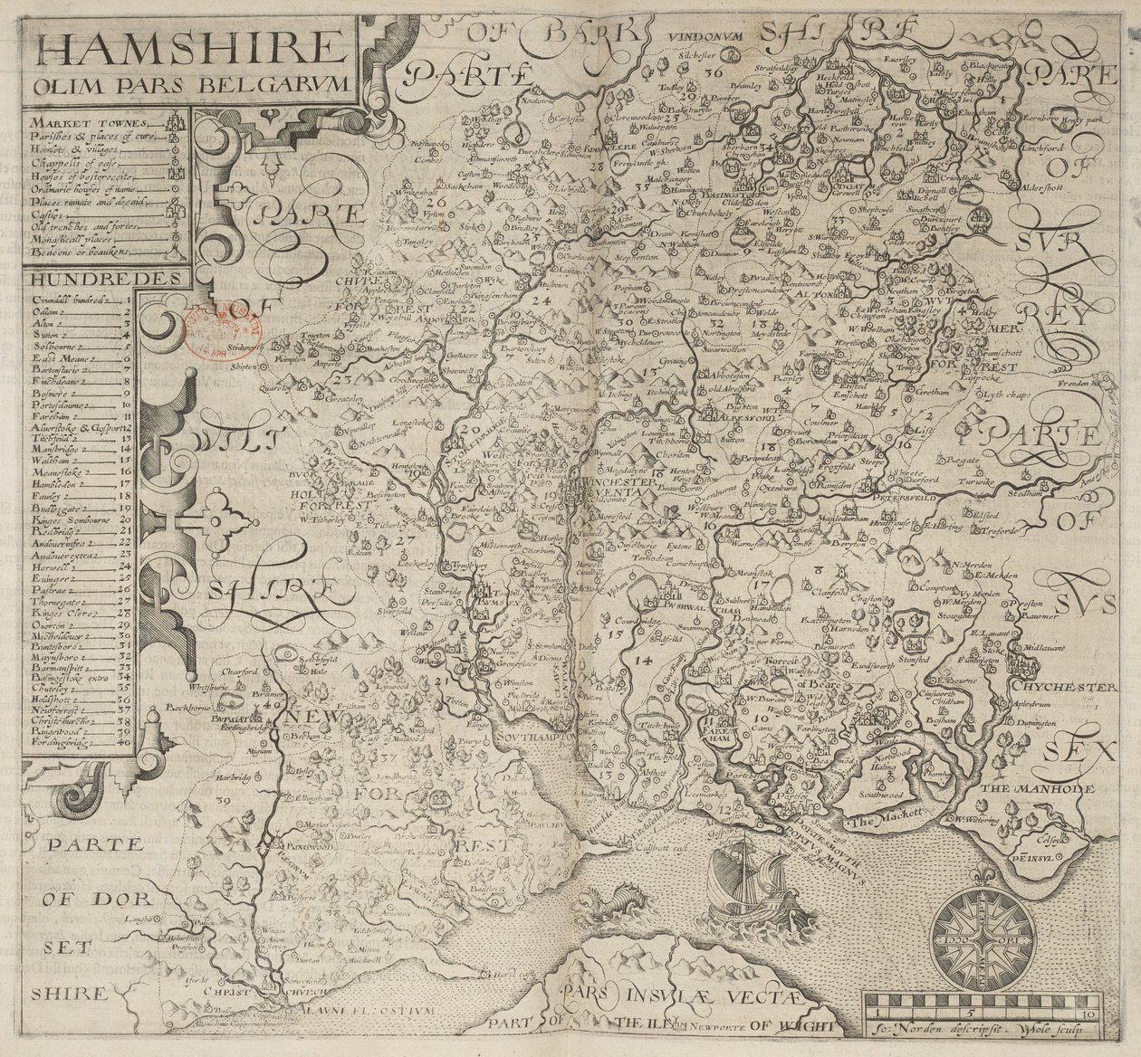 Hampshire, dříve součást Belgičanů. popsal J. Norden W. Hole sculp., z Camdenovy "Britannia." 6. vydání. fol. 187 (rytina) od English School