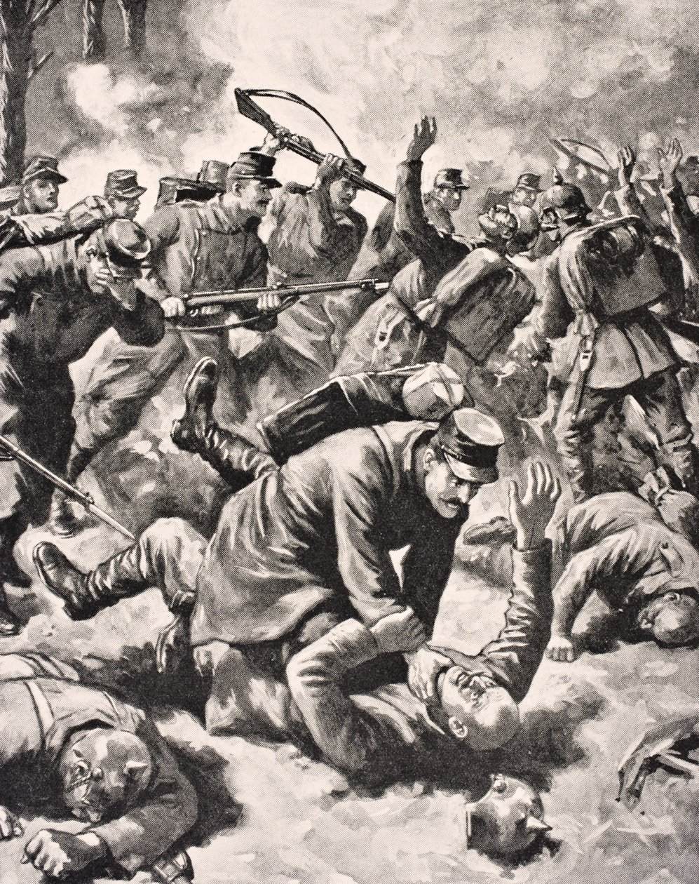 Ruční boj mezi německými a západními vojáky, z „The War Illustrated deLuxe“, vydané v Londýně, 1916 od English School