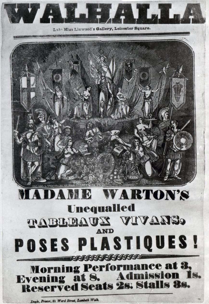Reklamní leták „Nepřekonatelné výjevy a pózy madame Wartonové“, kolem roku 1847 od English School
