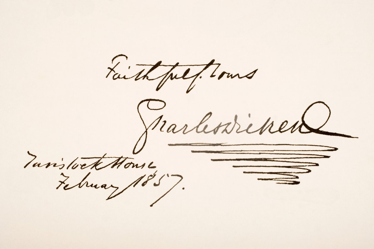 Rukopis a podpis Charlese Dickense, 1857 od English School