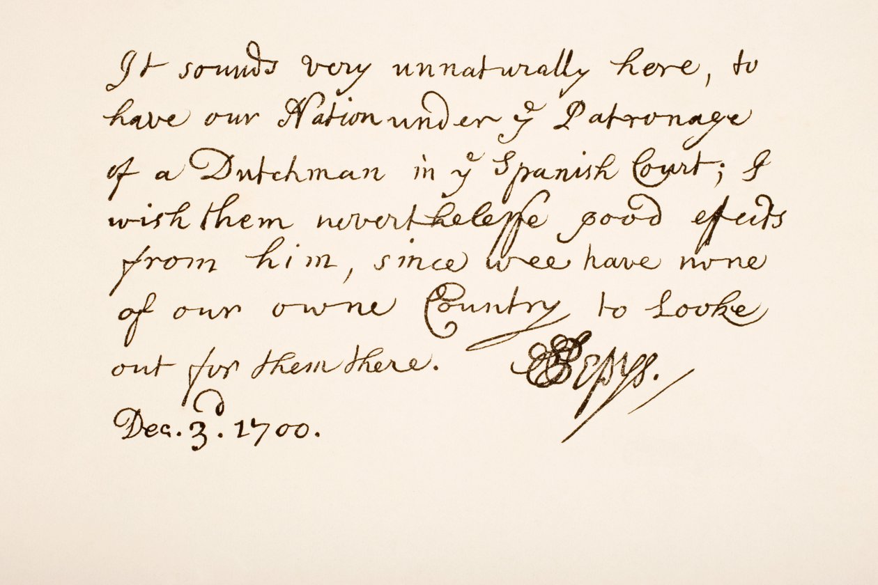 Rukopis a podpis Samuela Pepyse, 1700 od English School