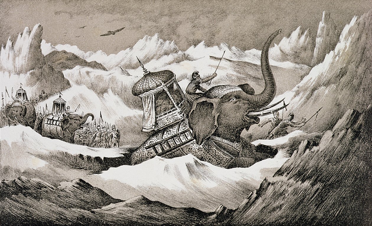 Hannibal (247-c.183 př.nl) a jeho váleční sloni překračující Alpy od English School