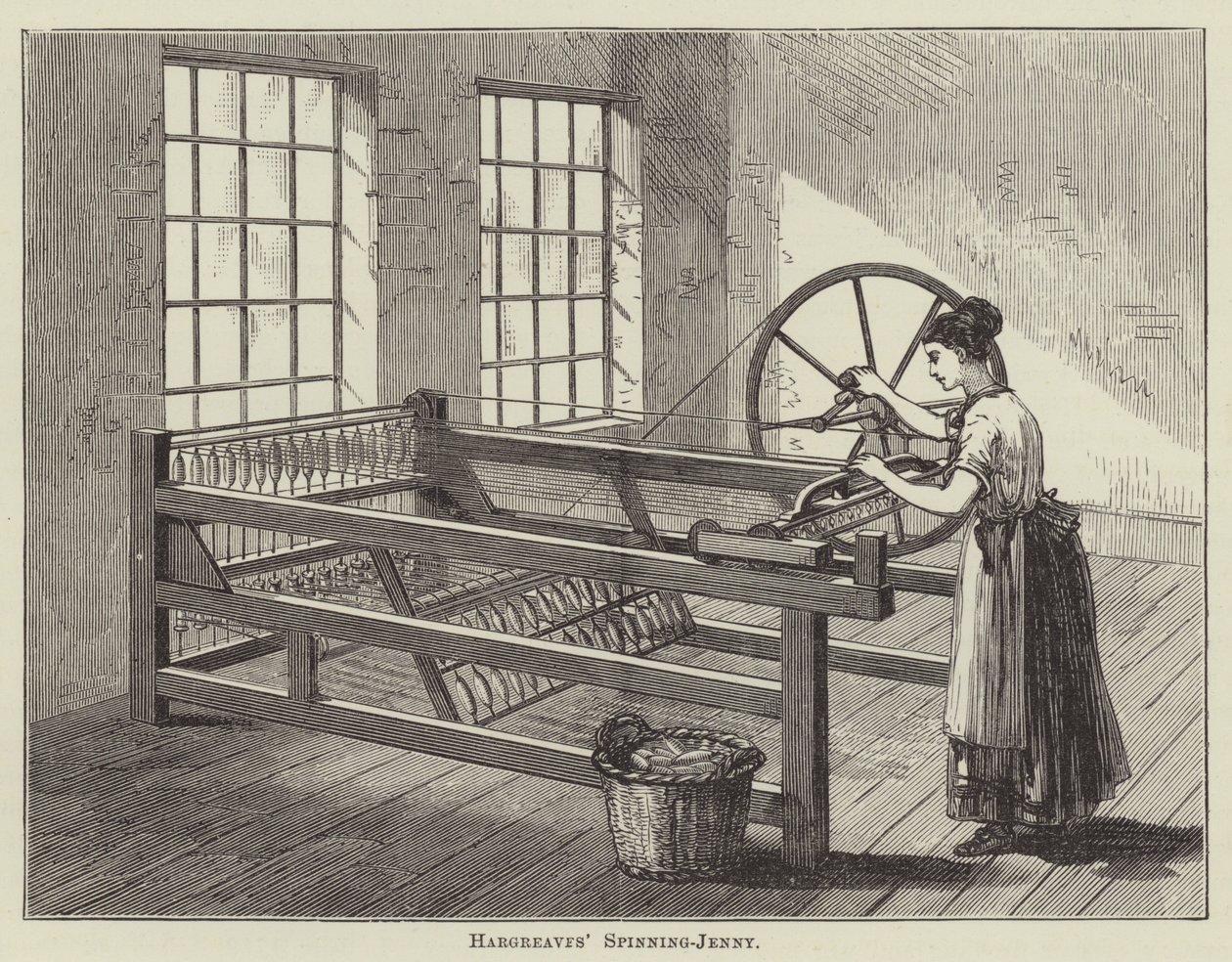 Hargreavesův spinning-jenny (rytina) od English School