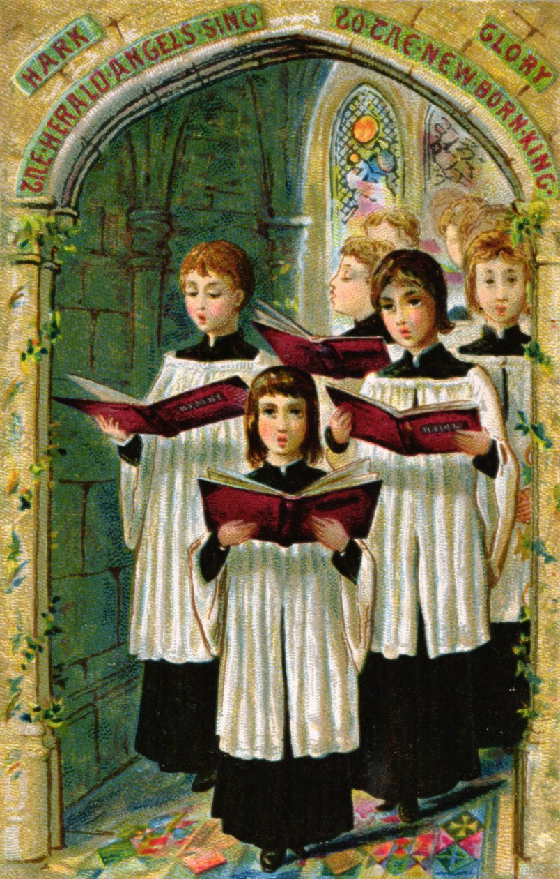 "Hark the Herald Angels Sing", viktoriánská pohlednice od English School
