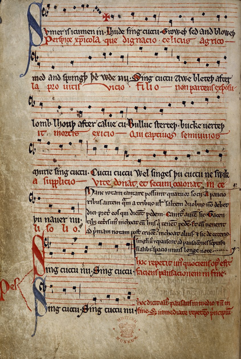 Harl 978 fol.11v Sumer je icumen in, od Summer Canon (Reading Rota) (vellum) od English School