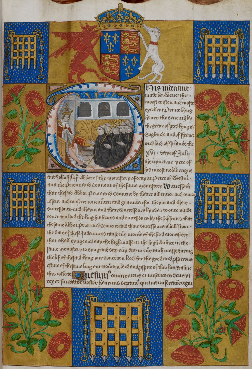 Harley 1498, f.1 Jindřich VII. představuje indentus Johnu Islipovi, opatovi Westminsterského opatství, Indentures of Westminster Abbey (vellum) od English School