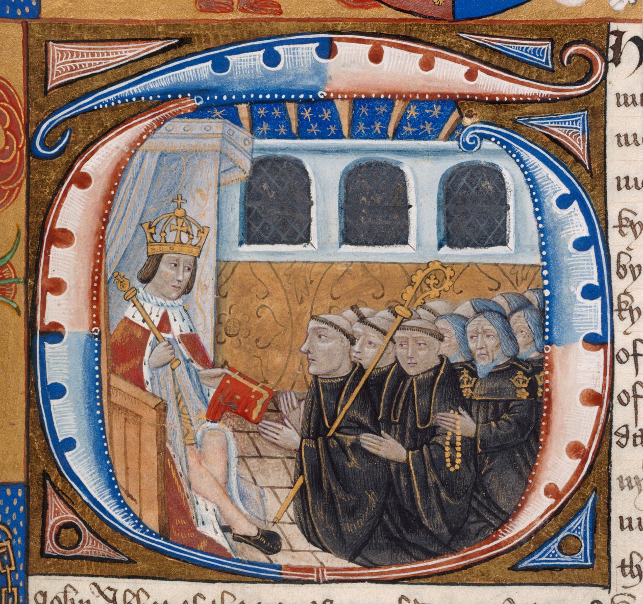Harley 1498, f.59 Historická iniciála zobrazující krále Jindřicha VII. přijímajícího knihu, ilustrace z 
