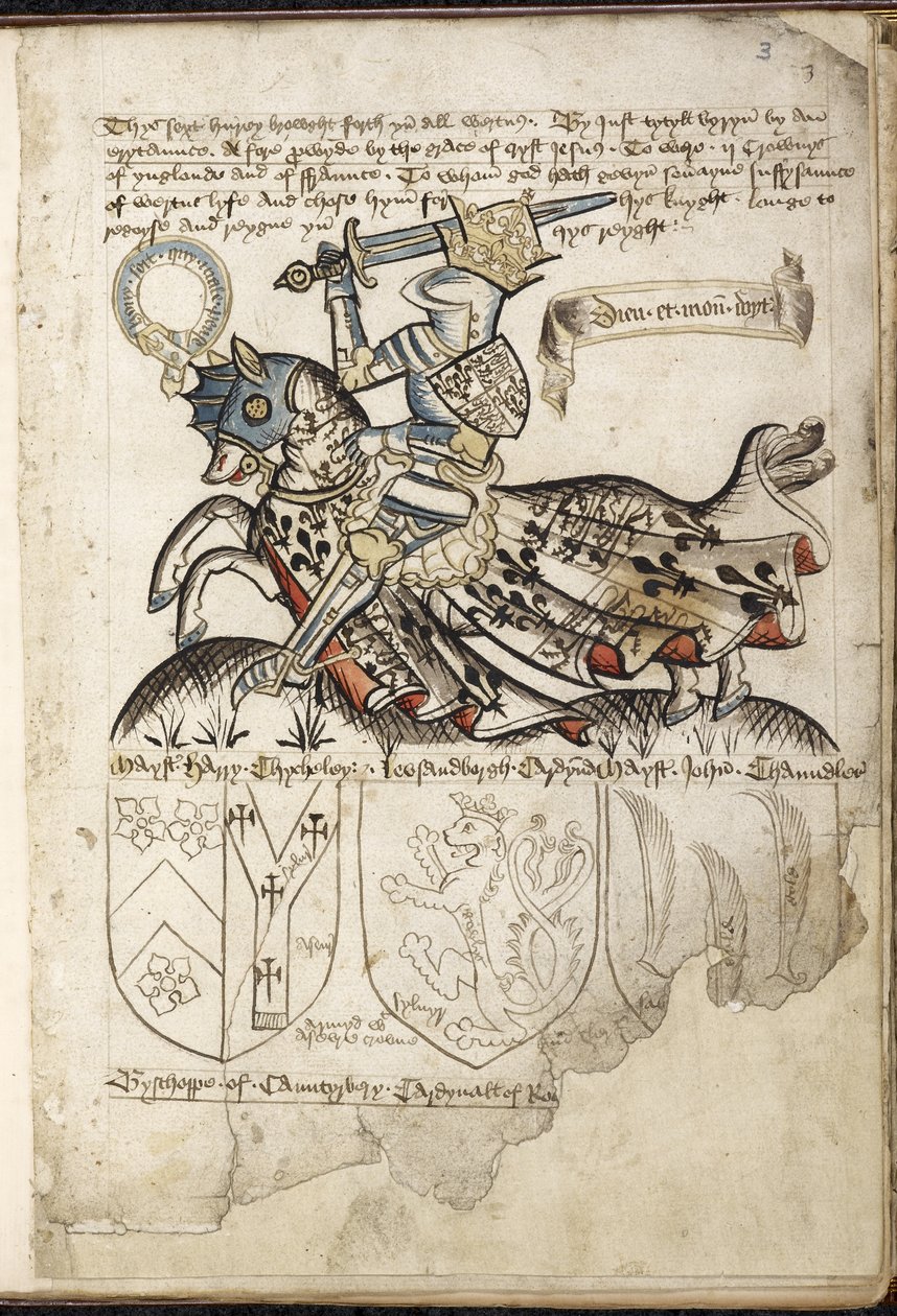 Harley 2169 f. 3 Jindřich VI. na koni, Erby v době Jindřicha VI. (vellum) od English School