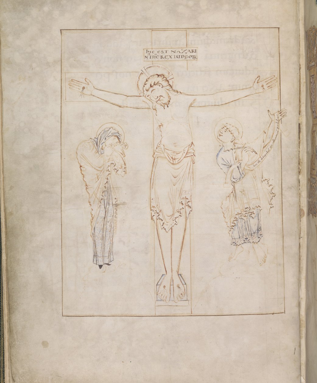 Harley 2904, f.3v, Ukřižování; s Pannou Marií a svatým Janem zapisujícím své svědectví na svitek z Ramseyho žaltáře, cca 900-1000 (vellum) od English School