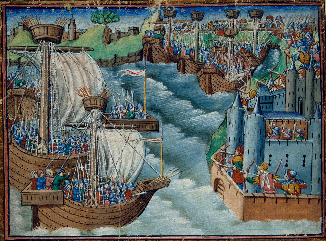 Harley 326, f.29v Křesťanská flotila útočí na přístav Gaeta v Itálii, držený Turky, od Tří králových synů, kolem roku 1500 (vellum) od English School