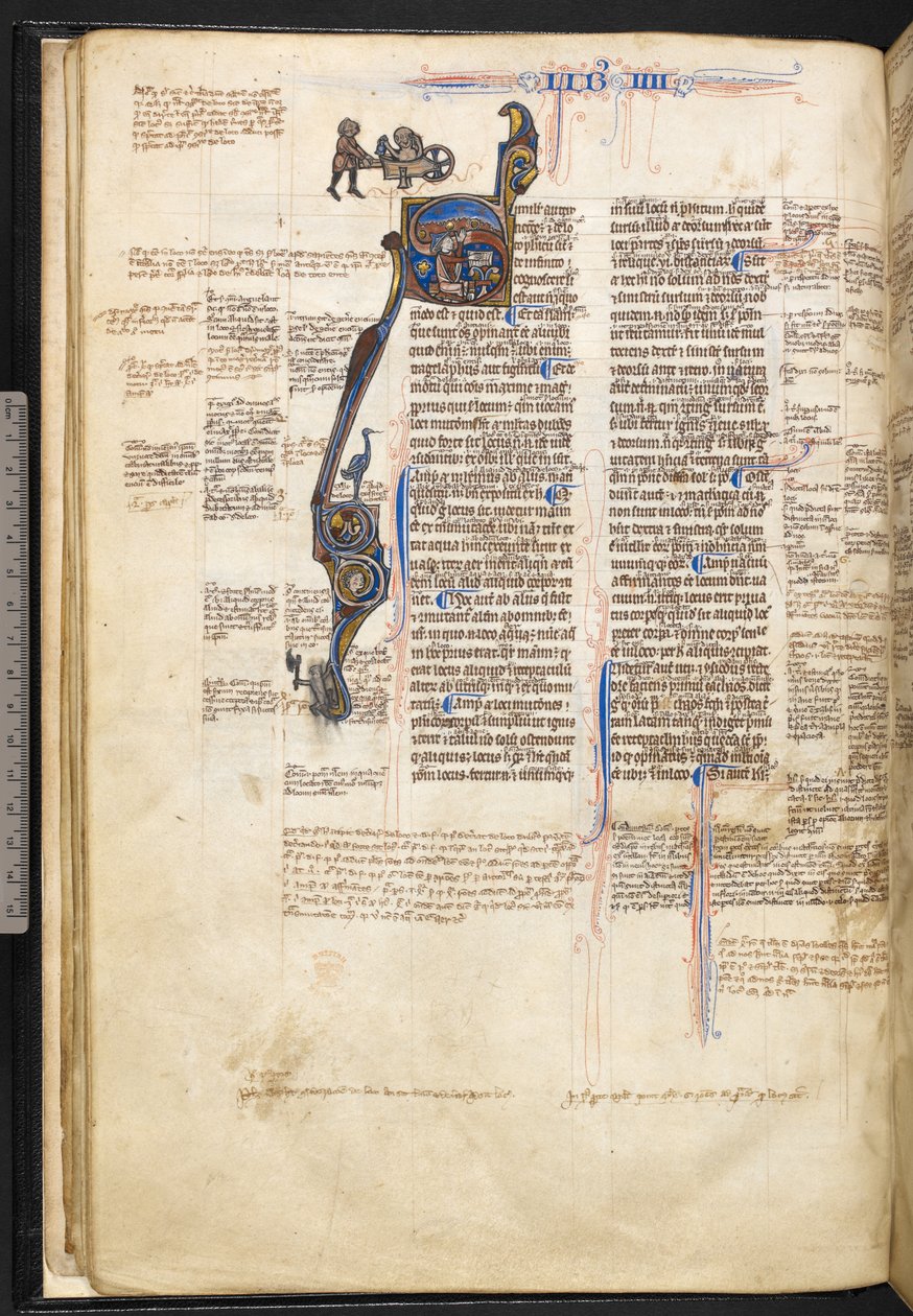 Harley 3487, f.22v Historická iniciála „S“ s mužem, který čte knihu a ukazuje k nebesům, a na okraji muže, který tlačí nahého muže ve voze, s ptákem, mužem se sekerou a dračí a lidská hlava ve tvaru písmene, na začátku bučení od English School