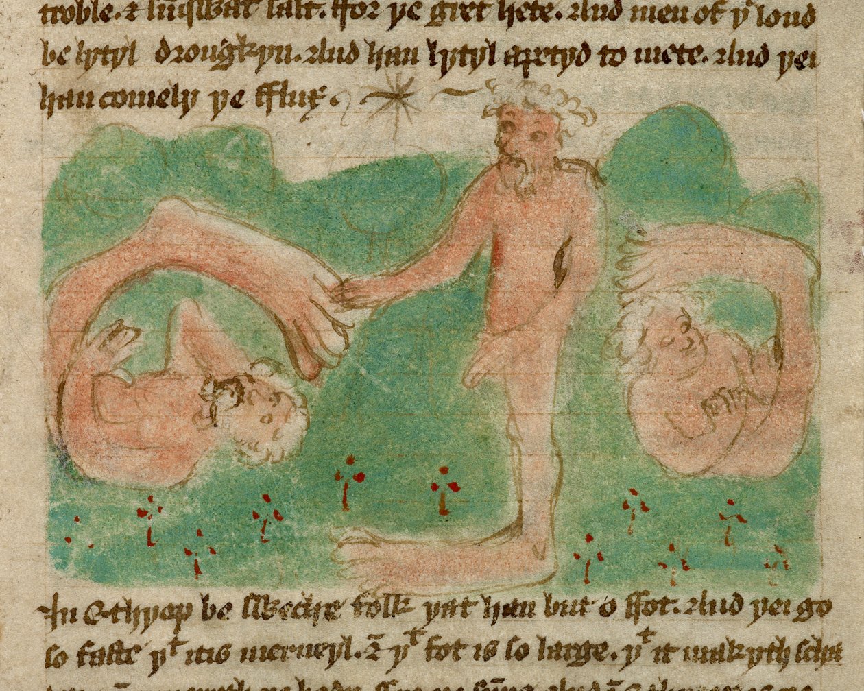 Harley 3954, f.31, Kolorovaná kresba znázorňující mýtické lidi Etiopie narozené pouze s jednou nohou (štípač), aby je zastínil před sluncem, z „Cestování sira Johna Mandevilla“ (pergamen) od English School
