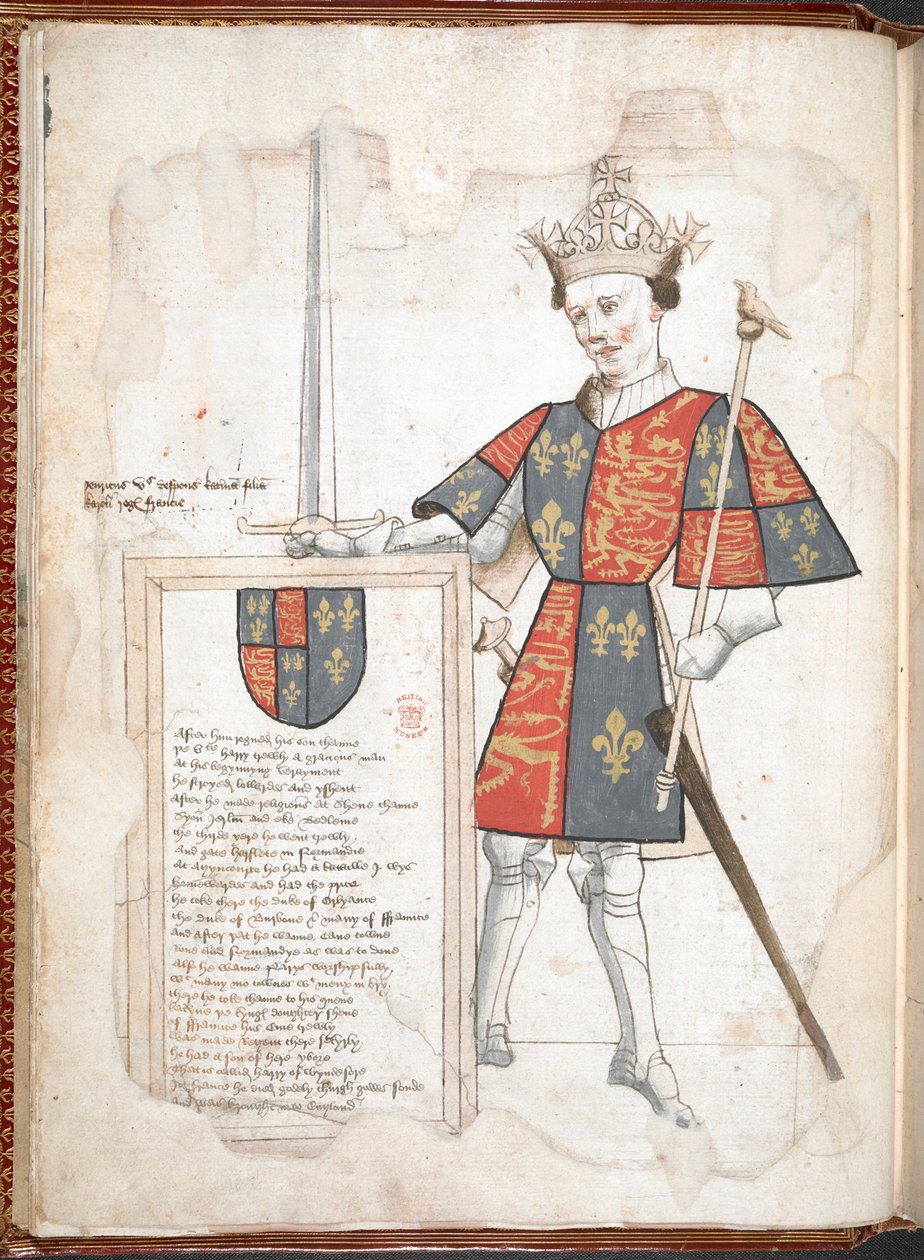 Harley 4205 f.7v Anglický král v brnění a tabardu (Henry V) z „Knihy zbraní sira Thomase Holmea...“, kolem 1445-50 (vellum) od English School