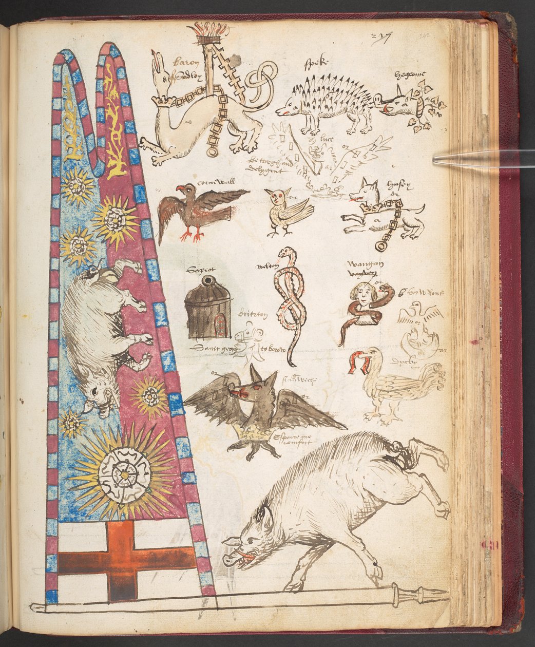 Harley 4632, f.242, prapor Richarda III. v Bosworthu, plus Yorkist sunburst (vellum) od English School