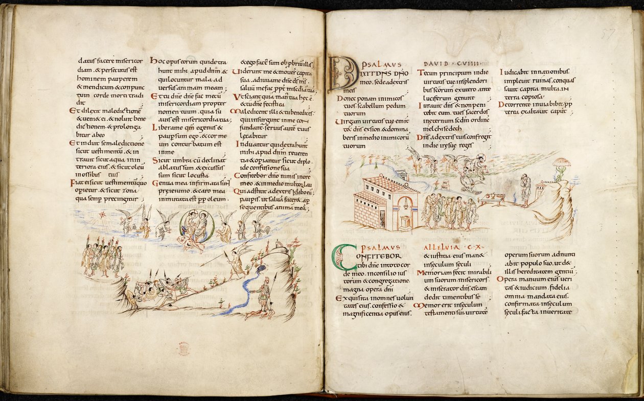 Harley 603 ff.56v-57, Dvoustránka z Harley Psalter s perokresbami. od English School