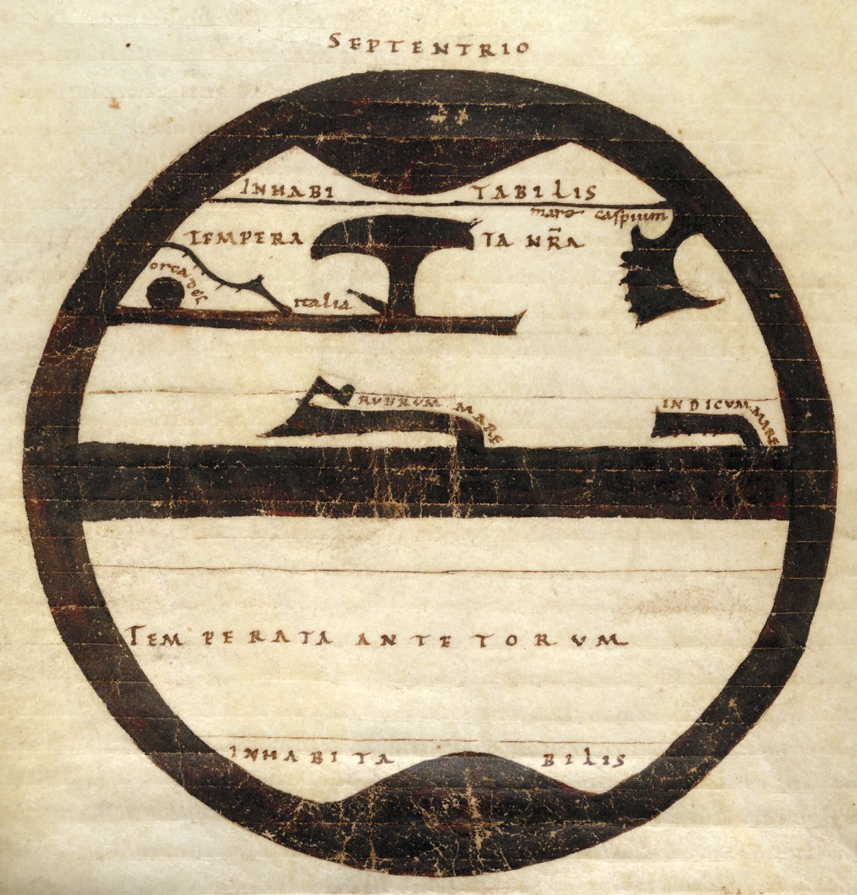 Harley MS 2772 f. 70v, Diagrammatic Zonal World Map, cca 1050 (inkoust a tempera na pergamenu) od English School