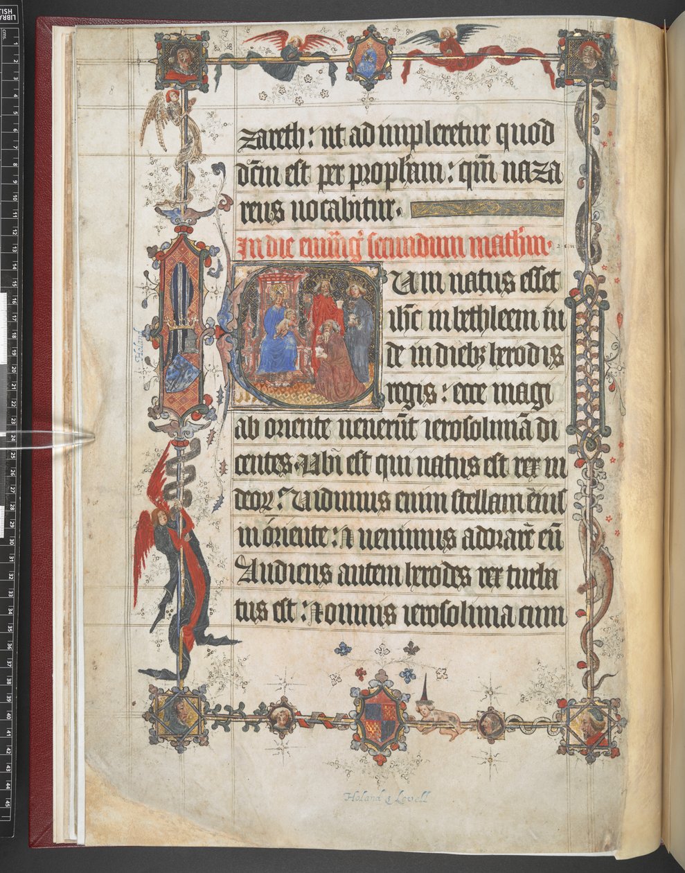 Harley MS 7026, f.7v, historická iniciála Klanění tří králů, z 