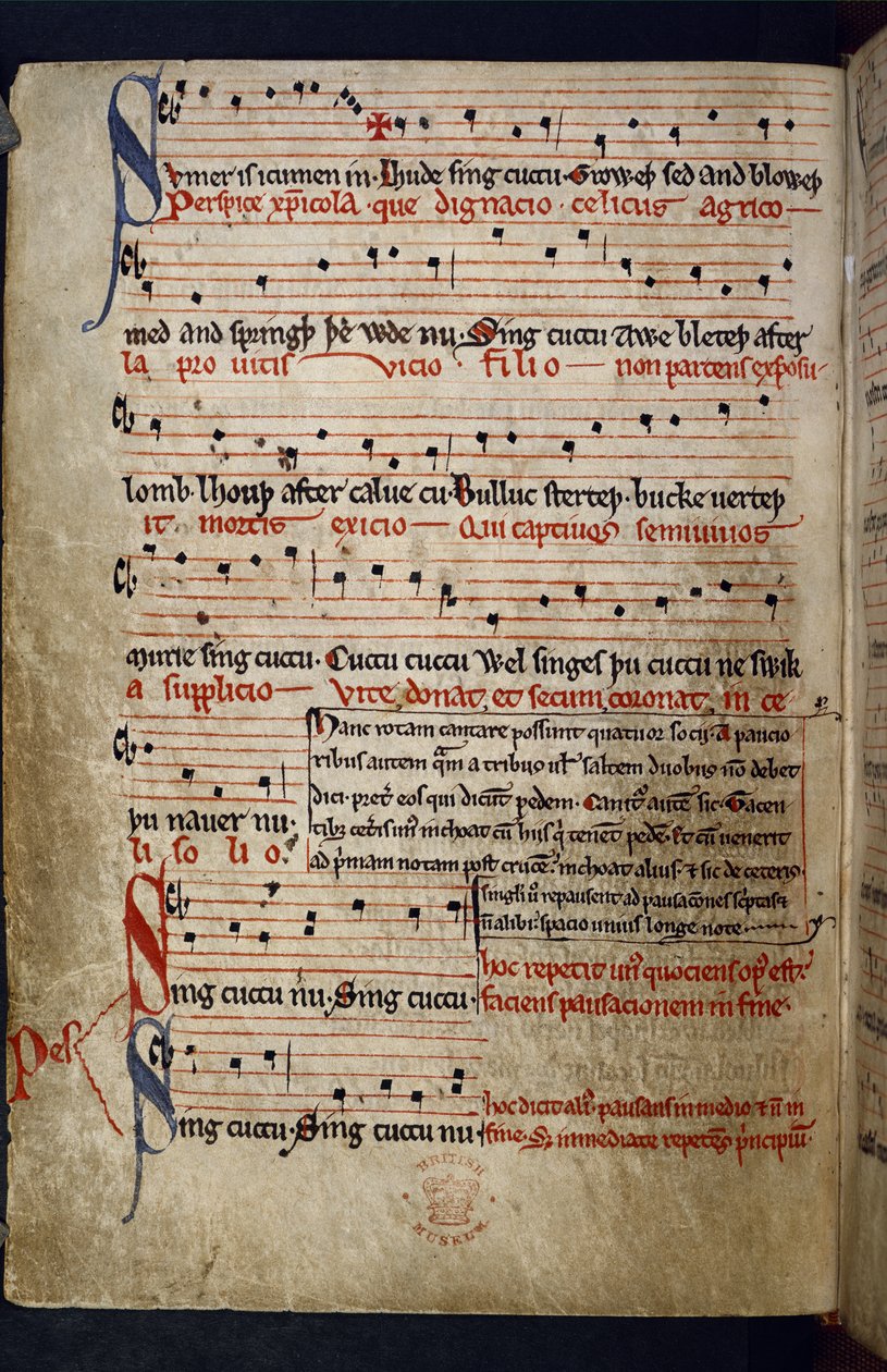 Harley MS 978 f.11v Musical Miscellany, ze "Sbírky básní včetně bajek a hudebních, kalendářních a lékařských textů" (tuš a barva na pergamenu) od English School