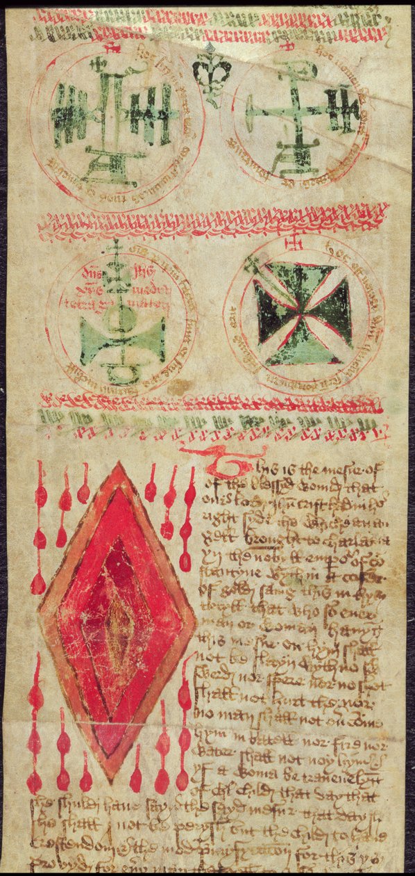 Harley Ms T.11 Magické figurky a Kristova rána z modlitebního válečku (vellum) od English School