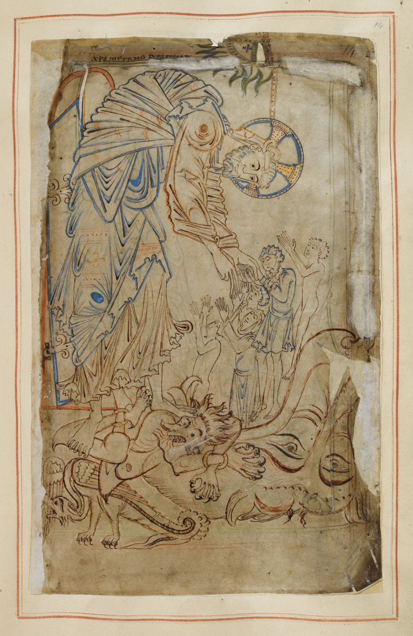 Bránění pekla, z "Tiberiova žaltáře", Cotton MS Tiberius C VI, f.14 , asi 1050 (pergamen) od English School