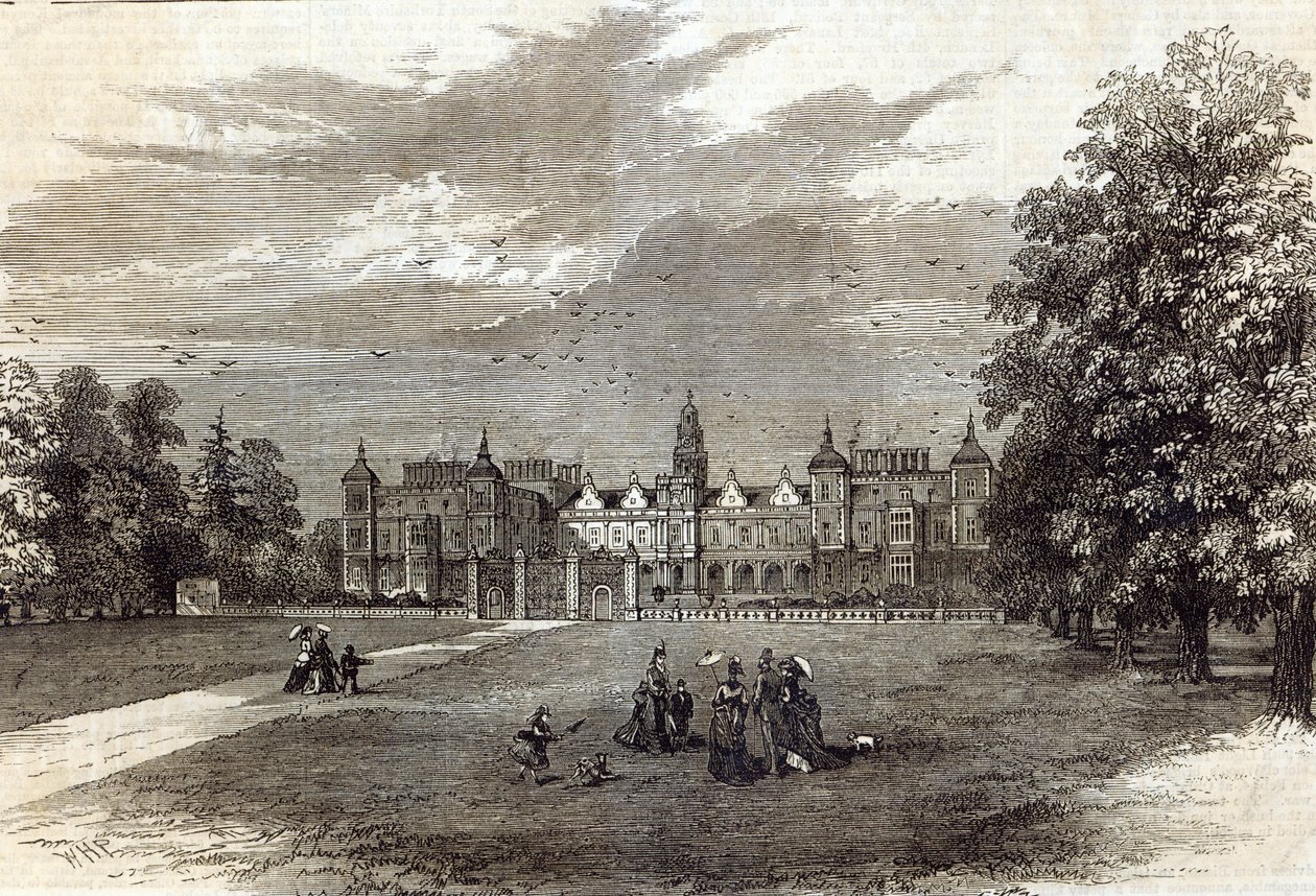 Hatfield House, sídlo markýze ze Salisbury, z „The Illustrated London News“, 11. července 1874 (rytina) od English School